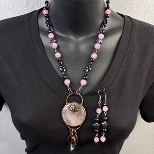 Handmade Necklace Earrings Set Pink Quartz Pendant Moon Stars Glass Beads Copper